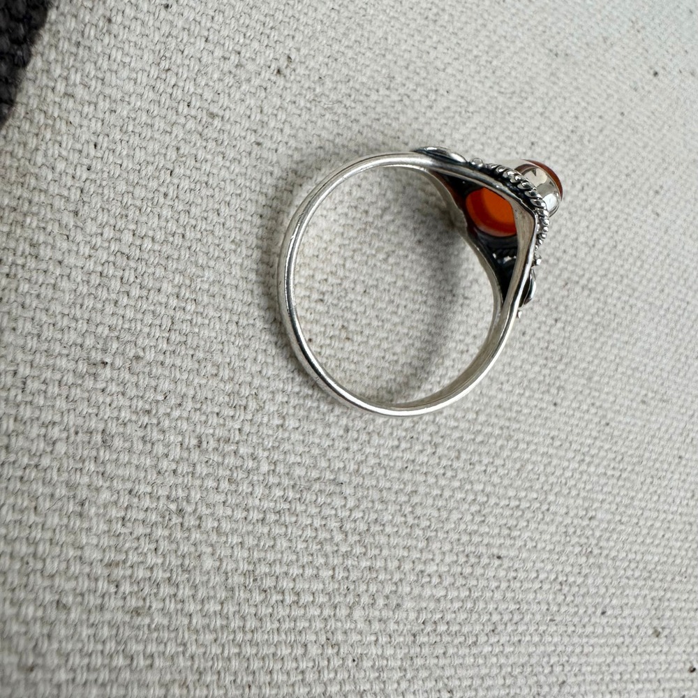 NEW Carnelian Cabochon Ring 8 Ornate Sterling Silver Spiral Leaf Design Orange - Picture 3 of 8